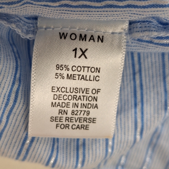 Westport Blue White Pullover Striped Short Ruffle‎ Sleeve Cotton Top Size 1X - Picture 9 of 12